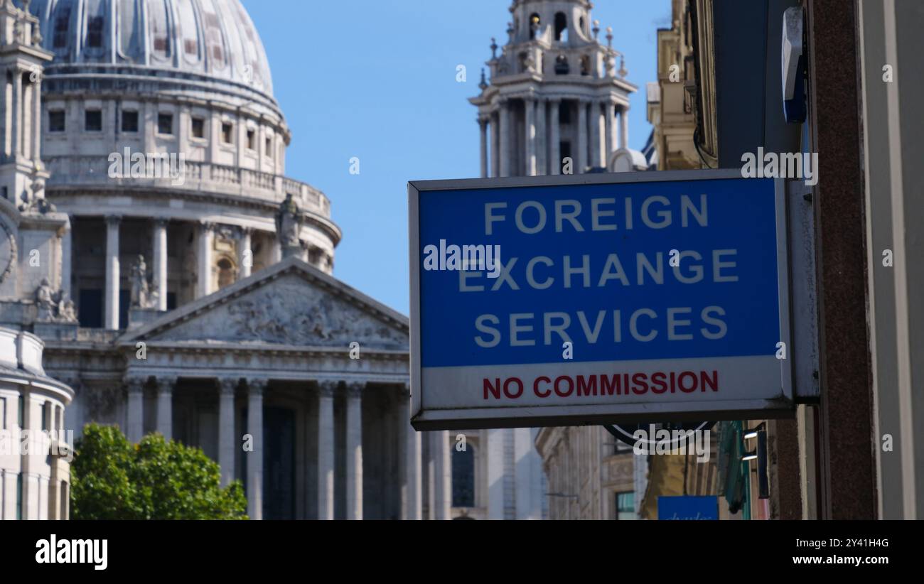 Foreign exchange service for tourists in London with St Paul's cathedral in the backgroun Stock Photo