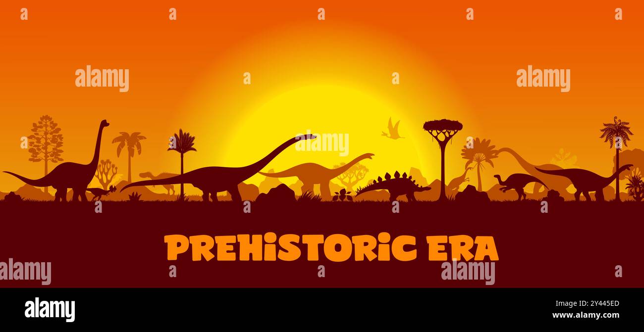 Prehistoric dinosaur silhouettes in sunset landscape of Jurassic jungle forest, vector background. Dinosaurs and prehistoric lizards, reptiles and birds silhouettes in night forest with evening sunset Stock Vector