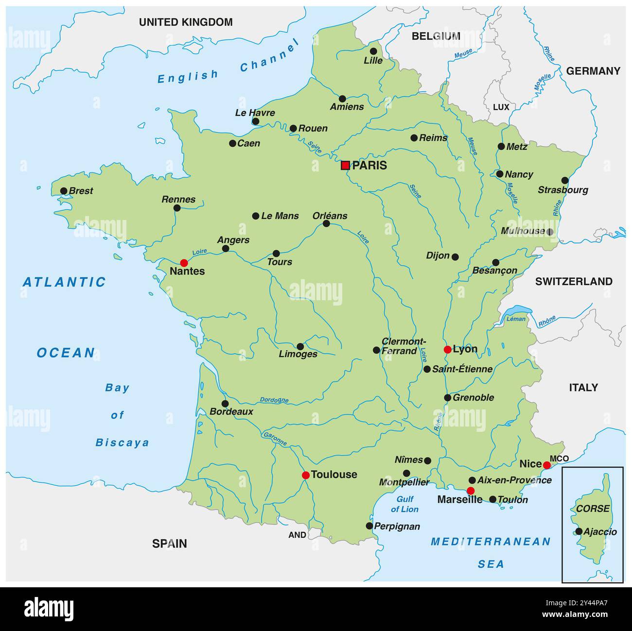 Map of France with the most important cities and rivers Stock Photo