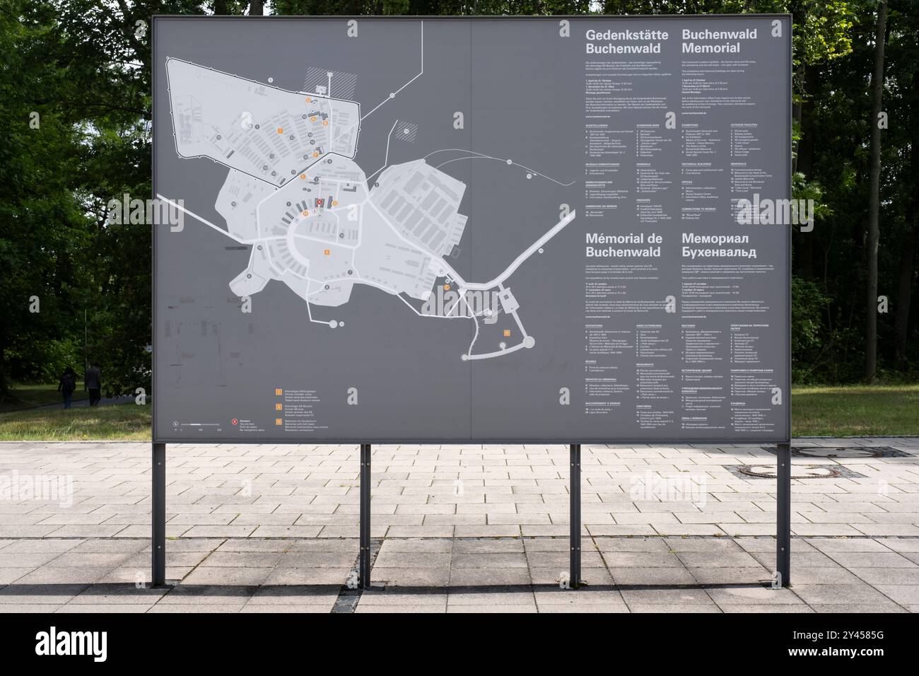 Stand with map of Buchenwald concentration camp with memorial's outdoor facilities near Weimar, Thuringia, Germany Stock Photo