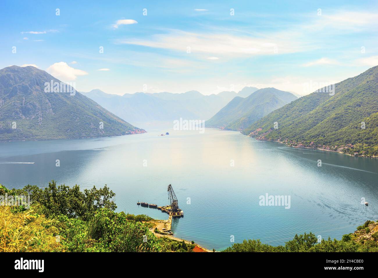 View of Perast and Kotor bay from above, Montenegro, Europe Stock Photo