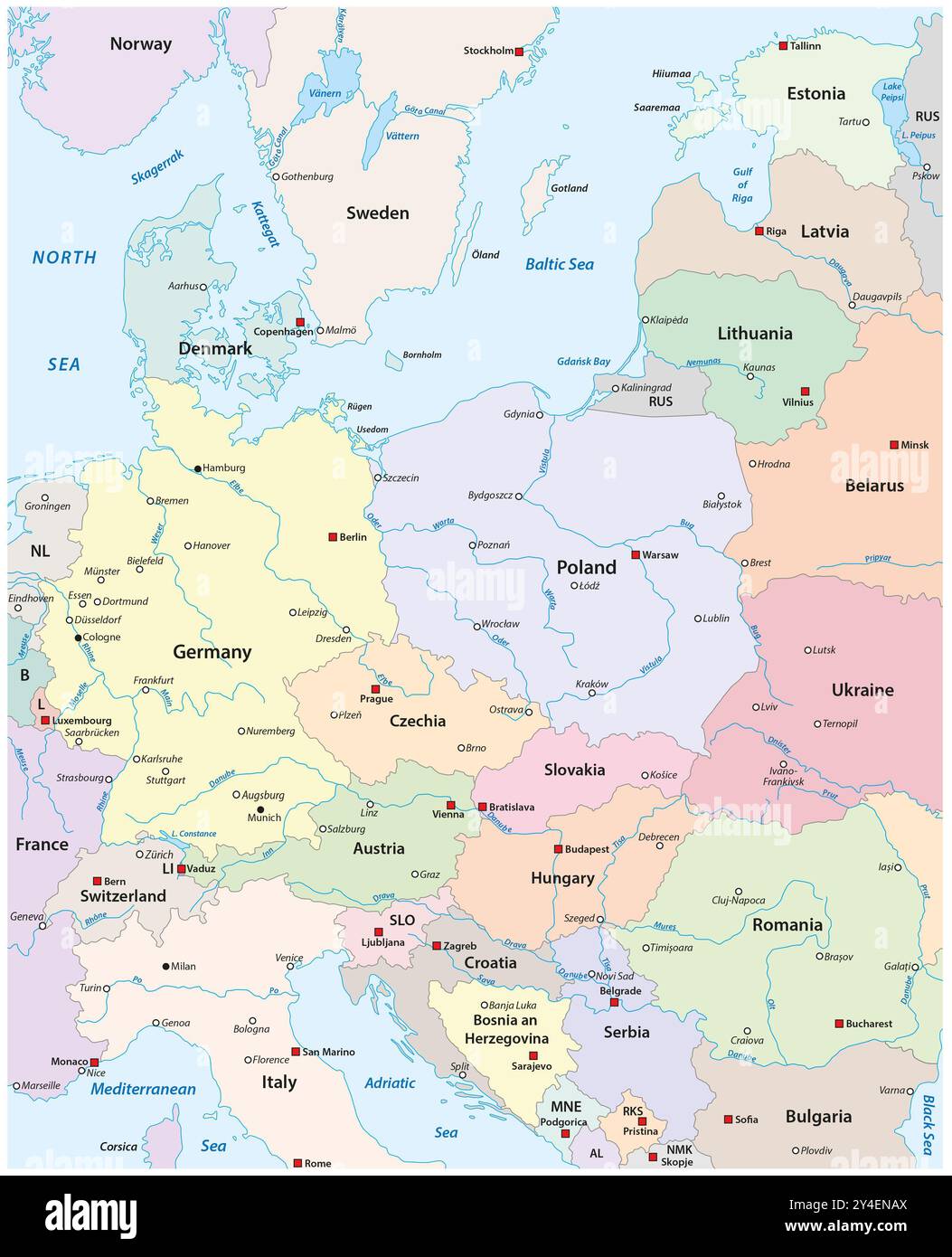 Map of Central Europe with the most important cities and rivers Stock Photo