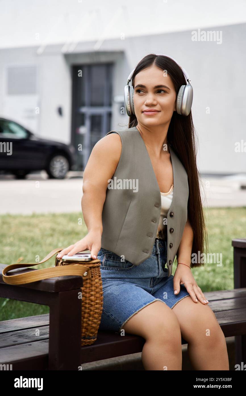 A young brunette woman with short stature relaxes outside, wearing headphones and a chic outfit while she enjoys some leisure time. Stock Photo