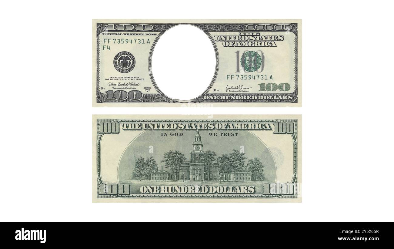 Realistic 100 Dollar Bill Mockup on White Background Stock Photo