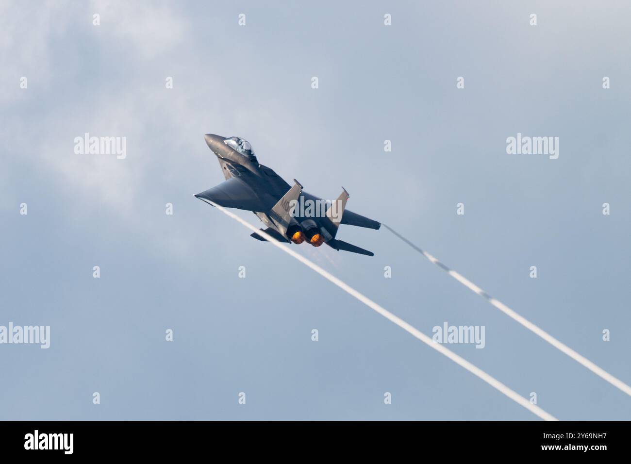 An F-15E Strike Eagle aircraft assigned to the 389th Fighter Squadron, Mountain Home Air Force Base, Idaho, takes off from Robins AFB, Georgia, Sept. 24, 2024. The Strike Eagle performed a functional test as part of its depot maintenance cycle with the 561st Aircraft Maintenance Squadron, at the Warner Robins Air Logistics Complex, who keep the Air Force F-15 fleet flying and active. (U.S. Air Force photo by Patrick Sullivan) Stock Photo