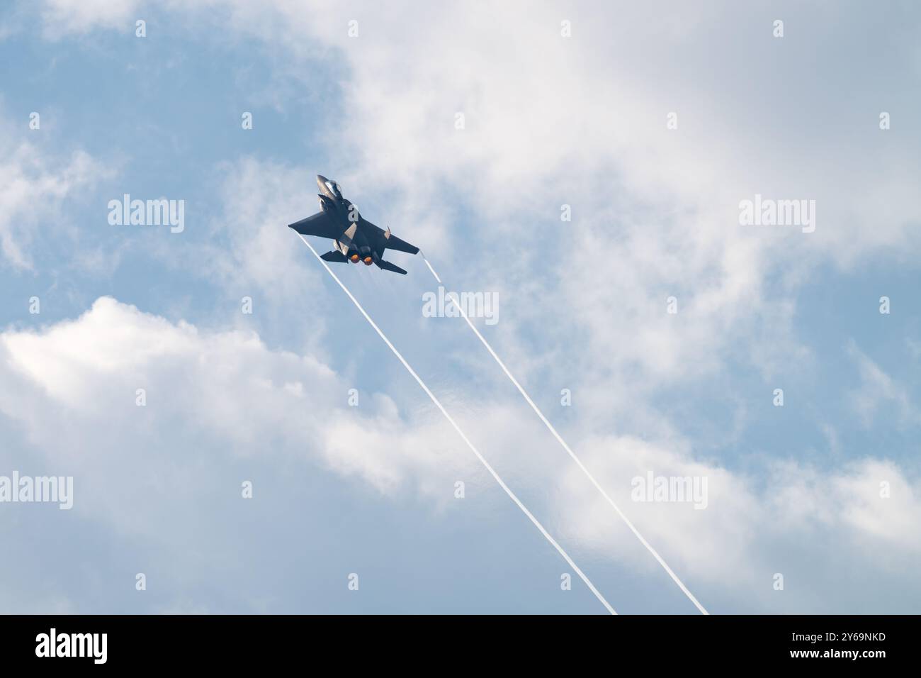 An F-15E Strike Eagle aircraft assigned to the 389th Fighter Squadron, Mountain Home Air Force Base, Idaho, takes off from Robins AFB, Georgia, Sept. 24, 2024. The Strike Eagle performed a functional test as part of its depot maintenance cycle with the 561st Aircraft Maintenance Squadron, at the Warner Robins Air Logistics Complex, who keep the Air Force F-15 fleet flying and active. (U.S. Air Force photo by Patrick Sullivan) Stock Photo