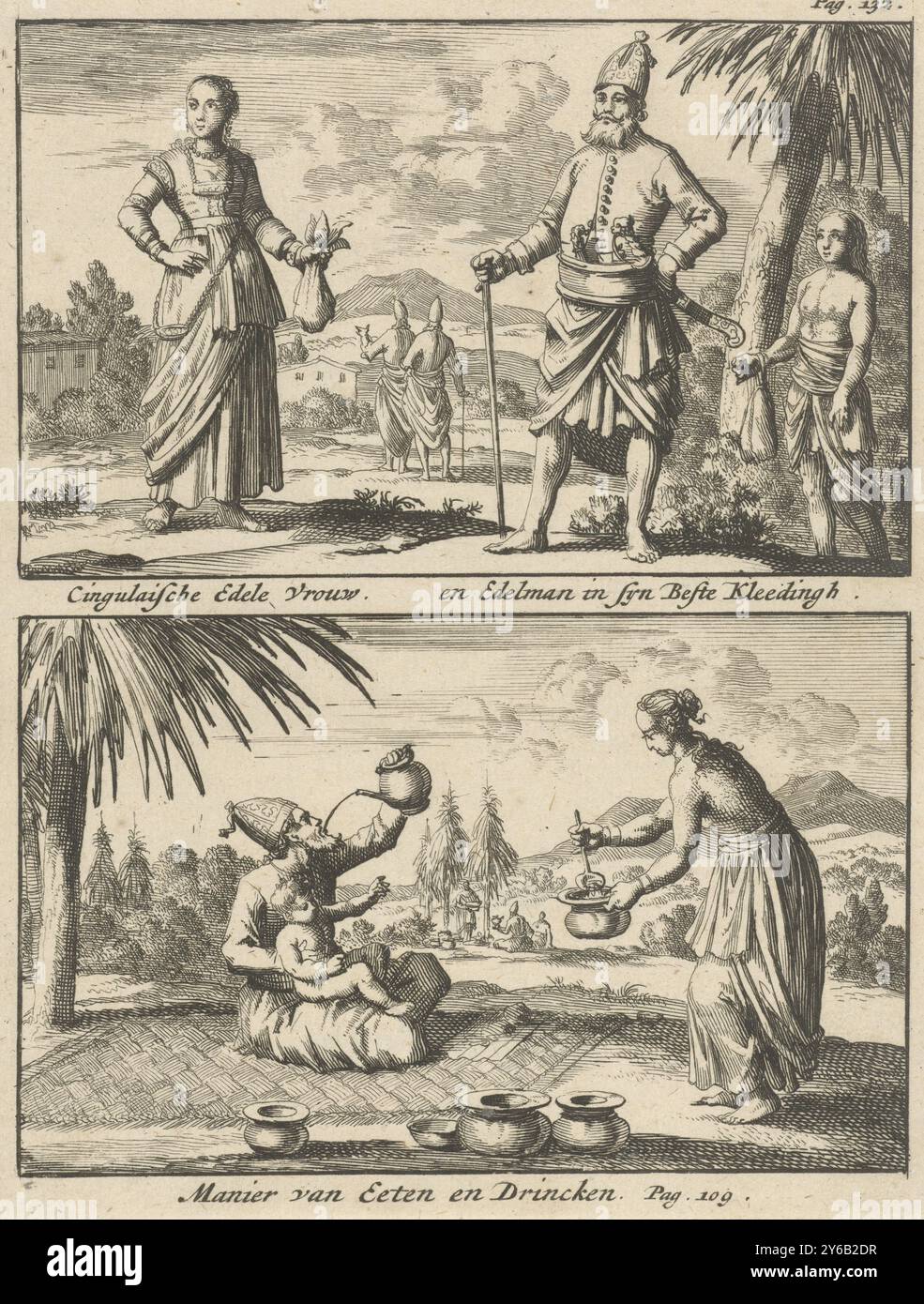 Sinhalese nobleman and noblewoman, Way of eating and drinking among the Sinhalese, Cingulaische Noble Woman and Nobleman in syn Beste Kleedingh, Way of Eating and Drinking (title on object), Two representations of one plate. Print marked at the top right: Pag. 132., print, print maker: Jan Luyken, publisher: Willem Broedelet, print maker: Amsterdam, publisher: Utrecht, 1692, paper, etching, height, 170 mm × width, 131 mm Stock Photo