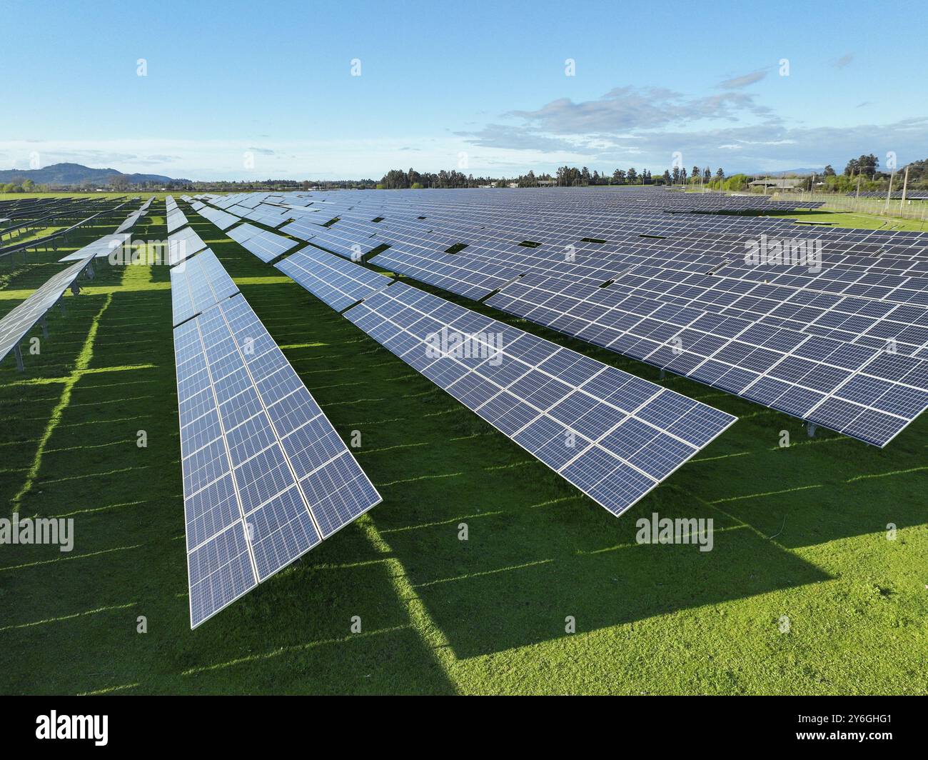 Solar panels on field in summer, aerial drone view Stock Photo