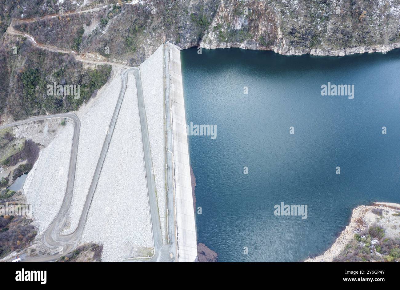 Mounains Lagoon Ancoa in the snow en region Maule, Chile. Aerial drone view Stock Photo