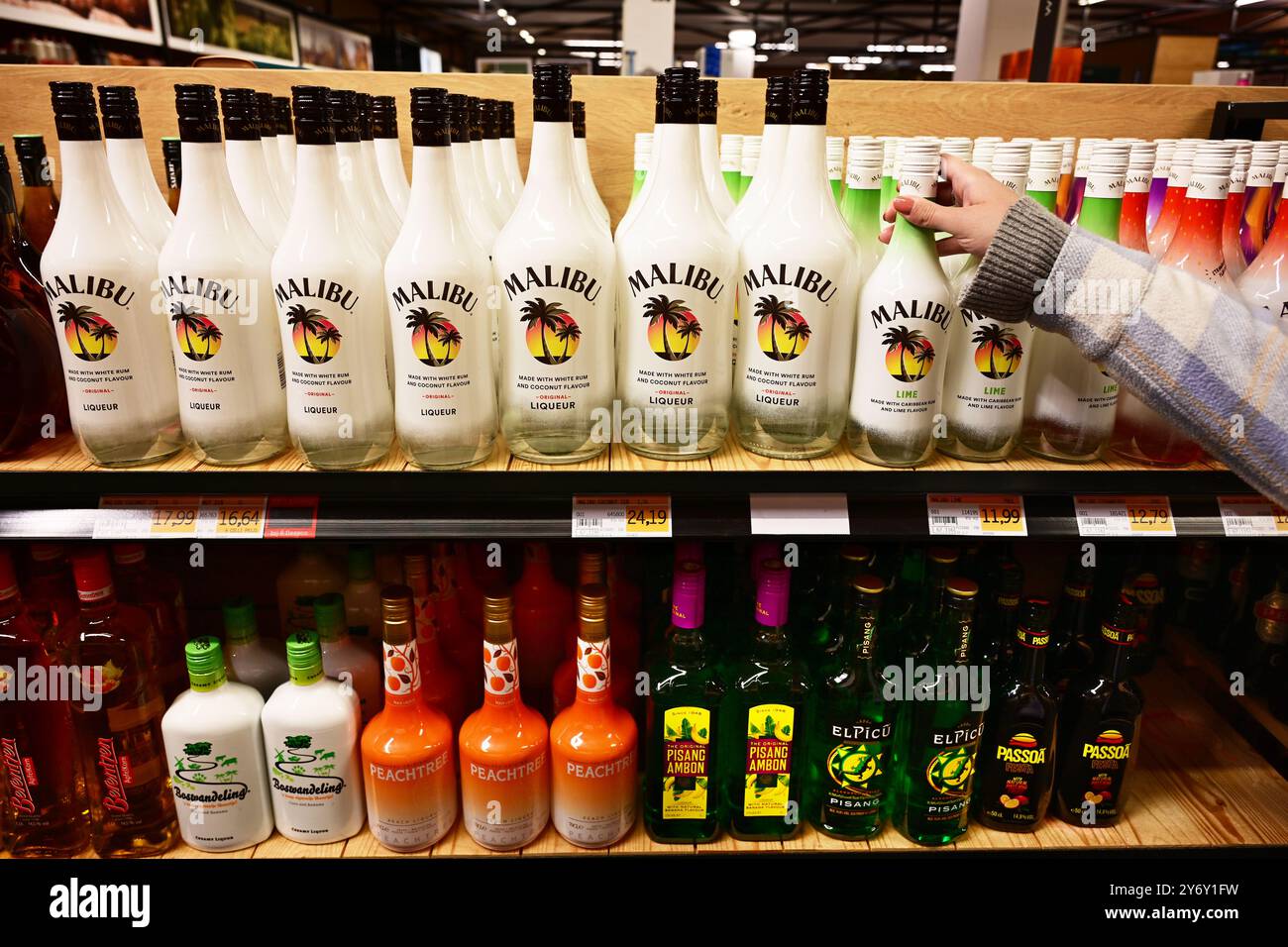 Malibu Liqueur bottles in a grocery Stock Photo