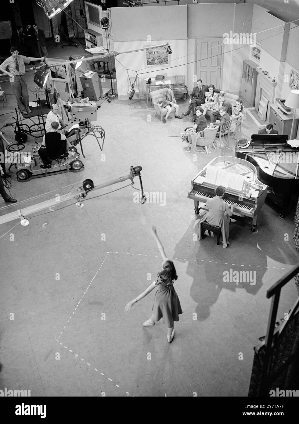 JENNIFER DANCES AND THE NEW TV STUDIO OPENS   21 May 1950    Mrs Clement Attlee, the wife of the Prime Minister, opened the first of the new BBC television studios at Lime Grove, Shepherds Bush, London today (Sunday).  Titled Studio D, the premises form the BBC's biggest studio now in operation, 5400 square feet, or more that twice the area of the two studios of Alexandra Palace.  Studio D is to be the first TV Nursery, in the world.  Devoted mainly to children's programmes, it will eventually extend the production  and frequency of childrens hour broadcasts.  First mid week production of that Stock Photo