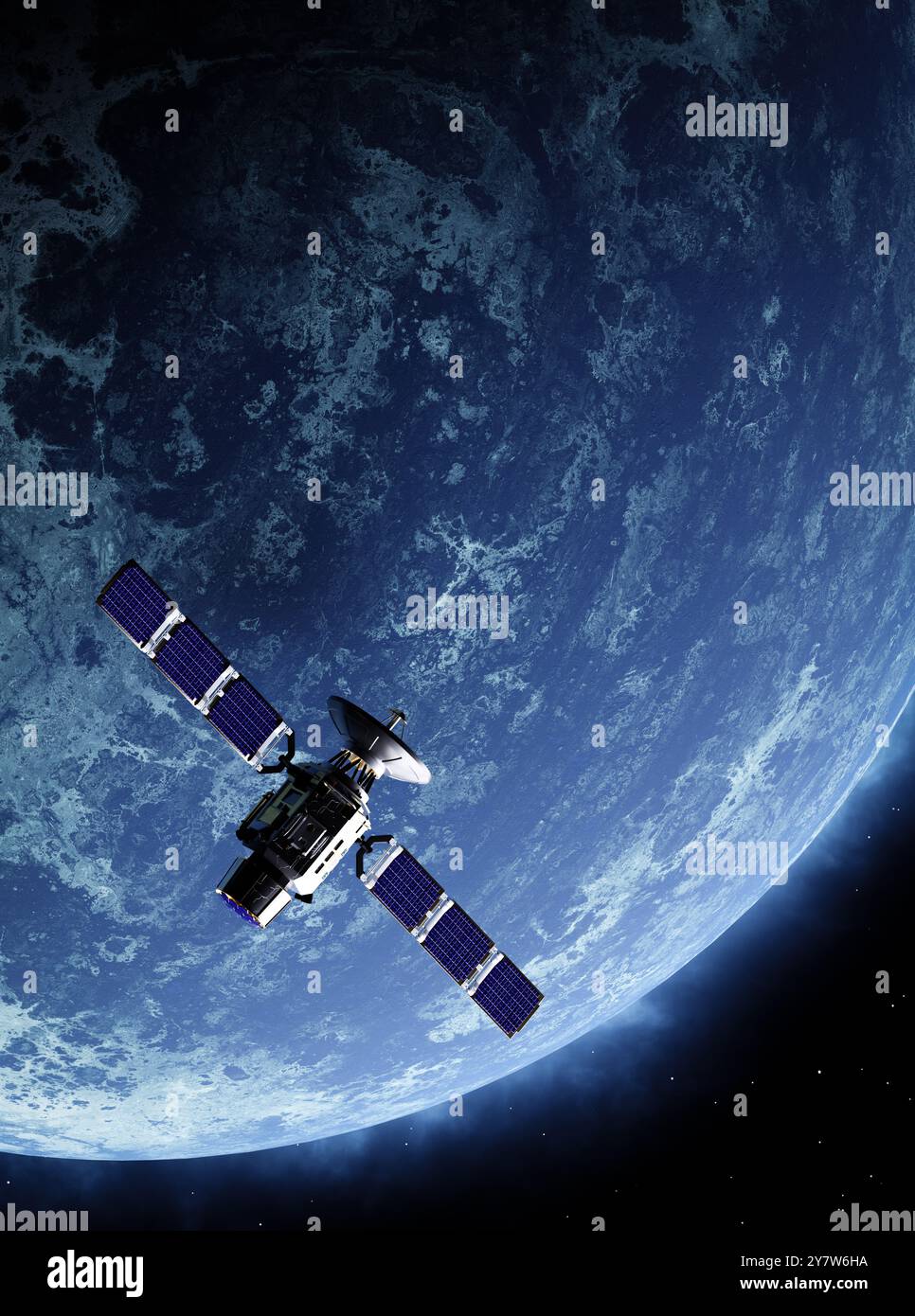 Satellite in Space, and blue Planet with ice, 3D illustration Stock Photo