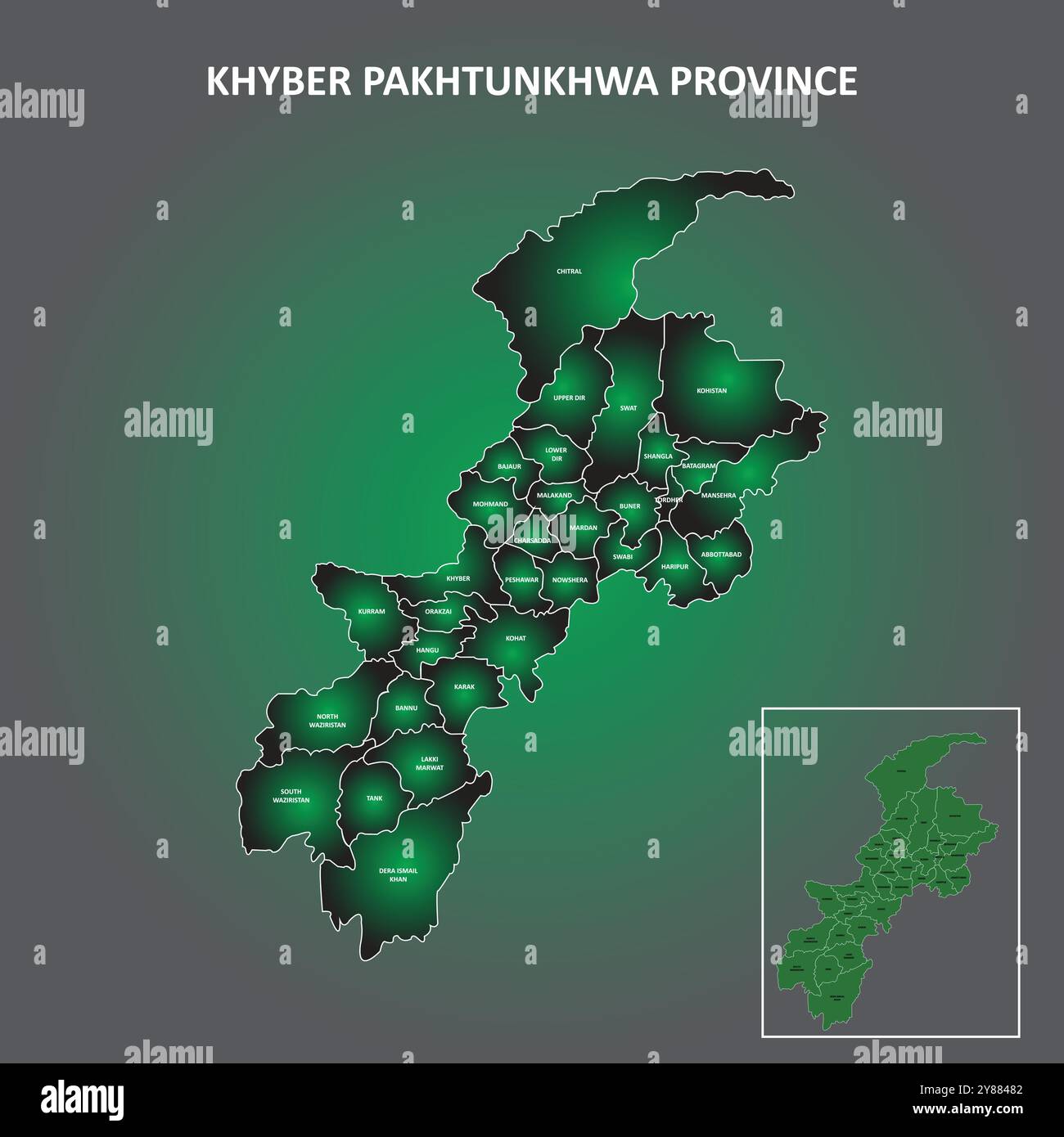 khyber Pakhtunkhwa District map with a unique green color gradient. Illustration Stock Vector