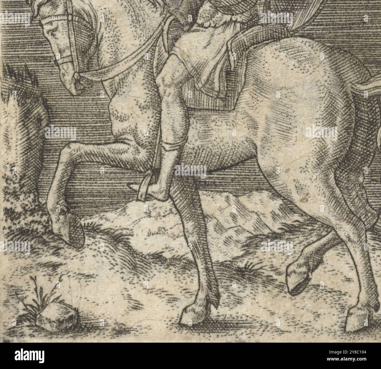 Roman horseman on horseback, Roman horsemen on horseback (series title), A Roman soldier on horseback, riding to the left., print, print maker: Abraham de Bruyn, Antwerp, 1567, paper, engraving, width, 31 mm × height, 39 mm Stock Photo