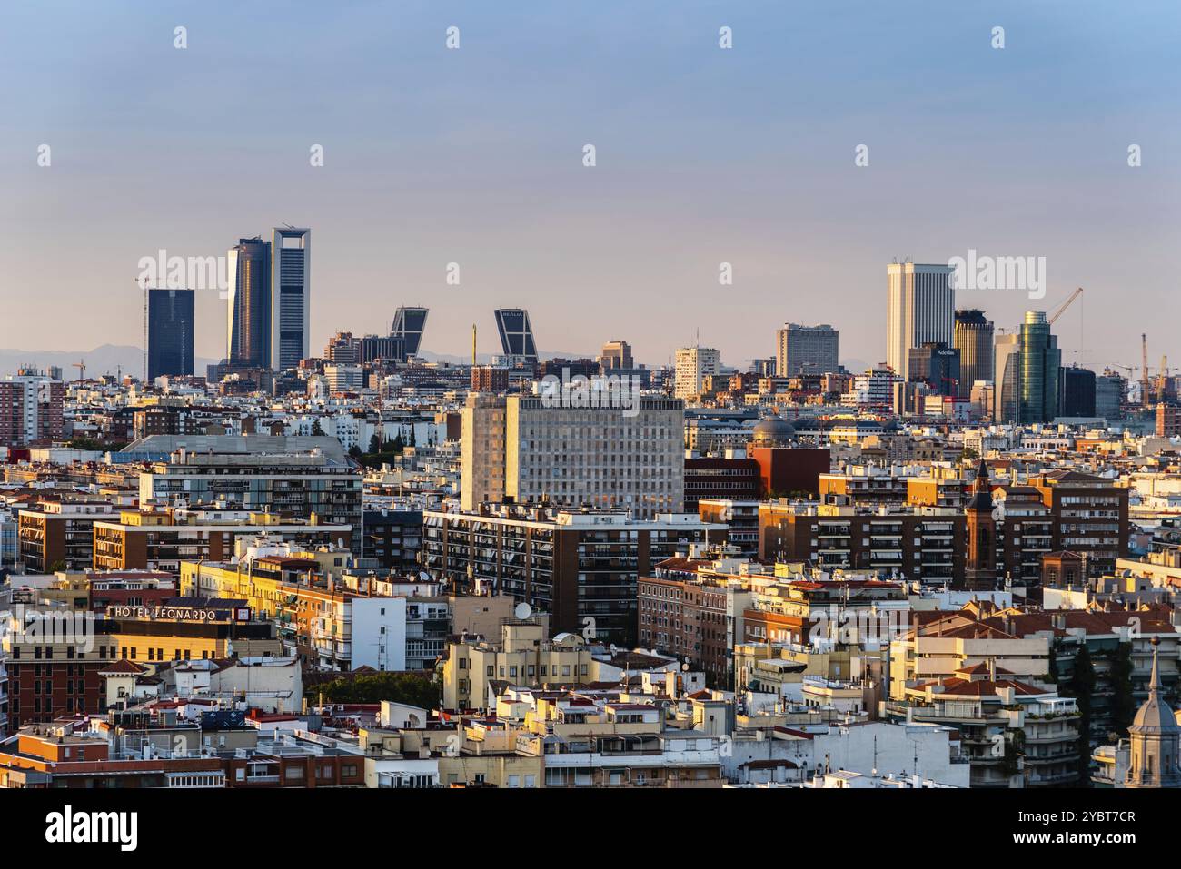 Madrid, Spain, August 24, 2020: Madrid city centre aerial panoramic view at sunset, Europe Stock Photo