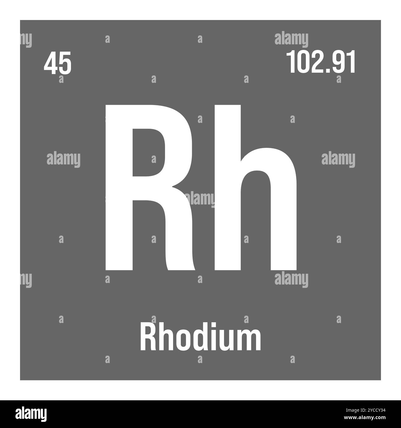 Rhodium, Rh, periodic table element with name, symbol, atomic number and weight. Transition metal with various industrial uses, such as in catalytic converters, jewelry, and as a component of certain types of glass. Stock Vector