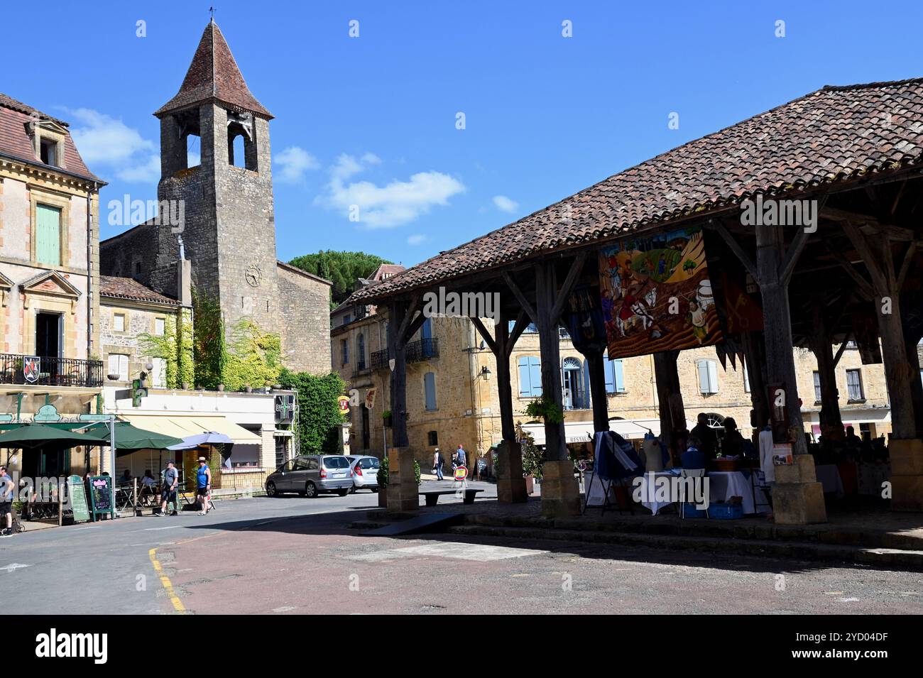 The covered market in the main square of Belves in the Perigord region of France. The market building dates from the C15th. Stock Photo