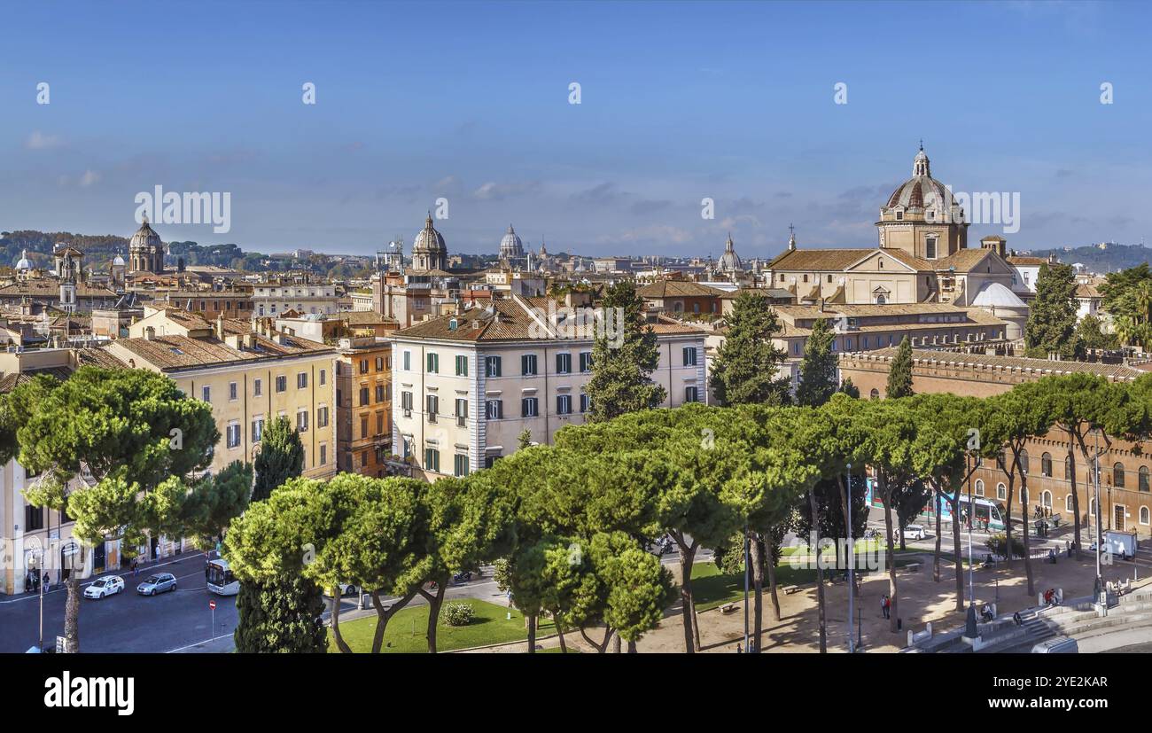 Aerial panoramic view of Rome with church of the Gesu from Monument to Victor Emmanuel II, Rome, Italy, Europe Stock Photo