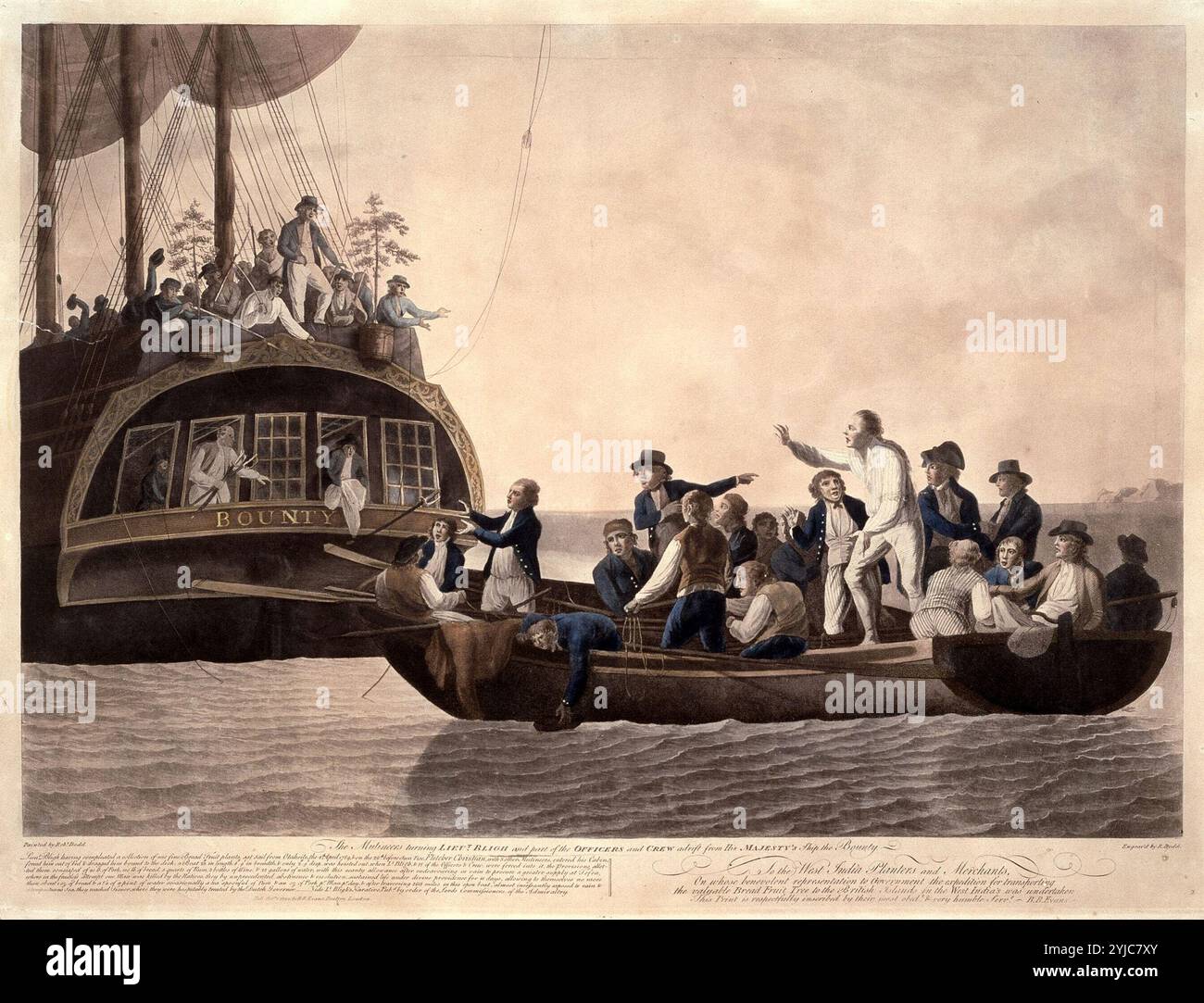 Lt Bligh and officers cast adrift from the Bounty 4th April 1789. Aquatint. Museum: NATIONAL MARITIME MUSEUM, GREENWICH, UK. Author: ROBERT DODD. Stock Photo