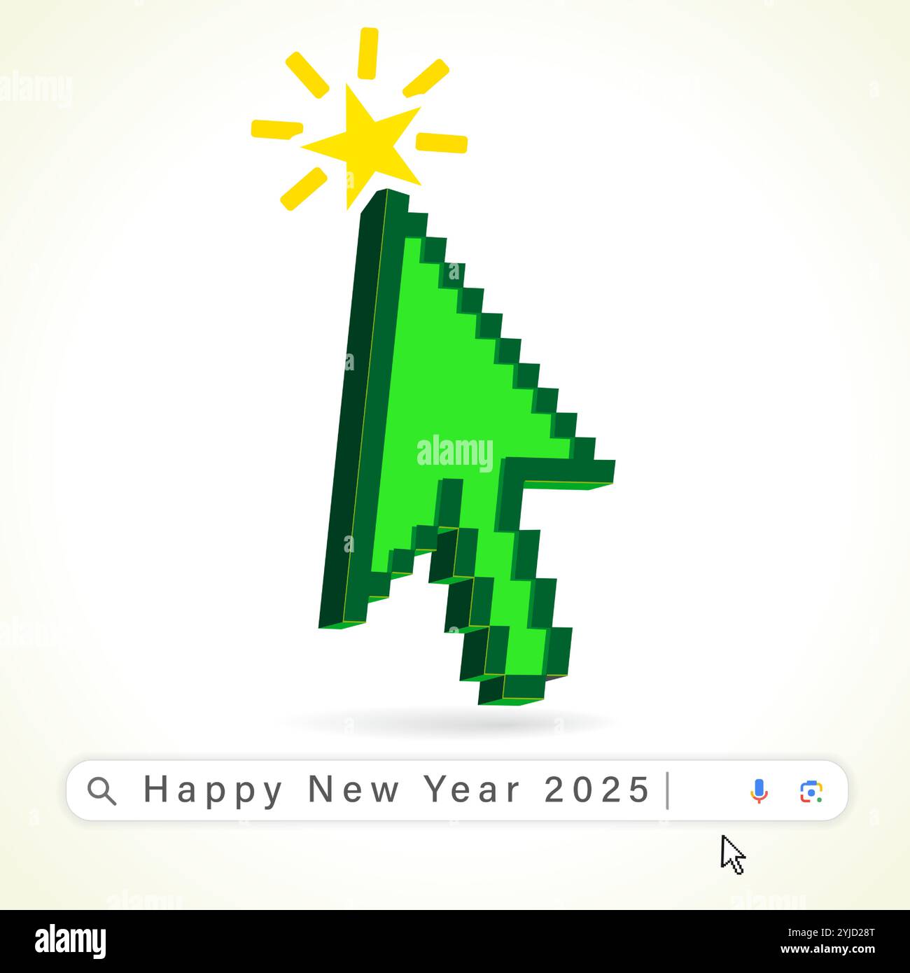 Happy New Year 2025, Christmas tree as cursor arrow and web search. Vector computer mouse cursor pointer with an arrow as a green Xmas tree with star Stock Vector