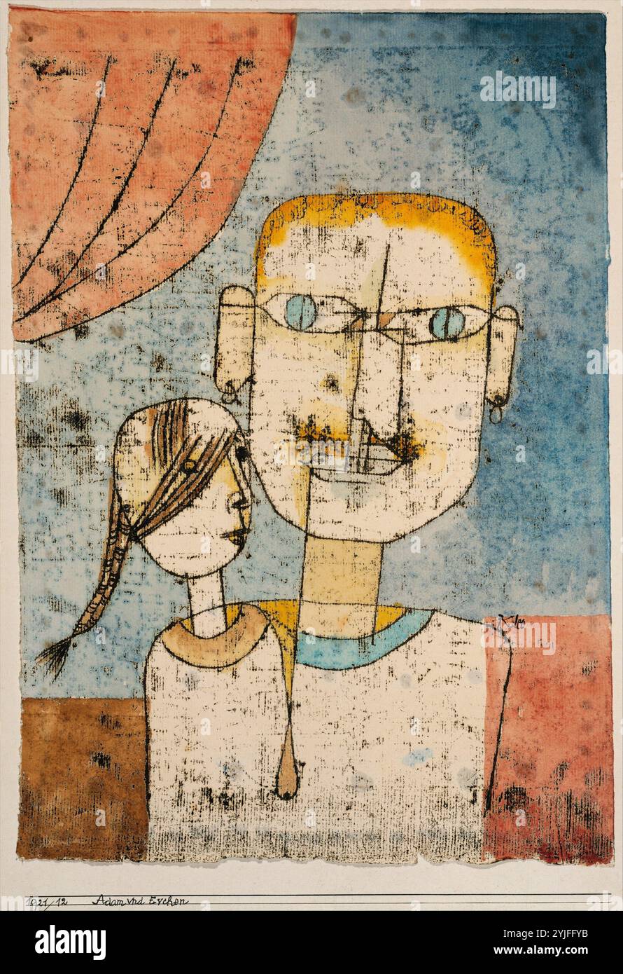 Adam and Little Eve. Artist: Paul Klee (German (born Switzerland), Münchenbuchsee 1879-1940 Muralto-Locarno). Dimensions: 16 5/8 × 11 3/4 in. (42.2 × 29.8 cm). Date: 1921. In this watercolor, Klee somewhat expanded the story of the creation of man. His Eve, after growing from Adam's rib, stays right there. She also remains a child. Evchen ('Little Eve') looks like a schoolgirl with flaxen hair tied in a braid. Adam is a broad-faced, grown man who sports earrings and a mustache. By placing the figures against a shallow ground with a reddish curtain, Klee seems to set the oddly matched pair on a Stock Photo