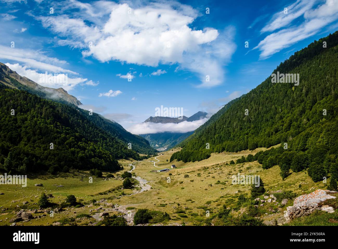 Laruns, France, August 29th, 2024: A Tranquil Valley Nestled Between the Pyrenees Mountains Stock Photo