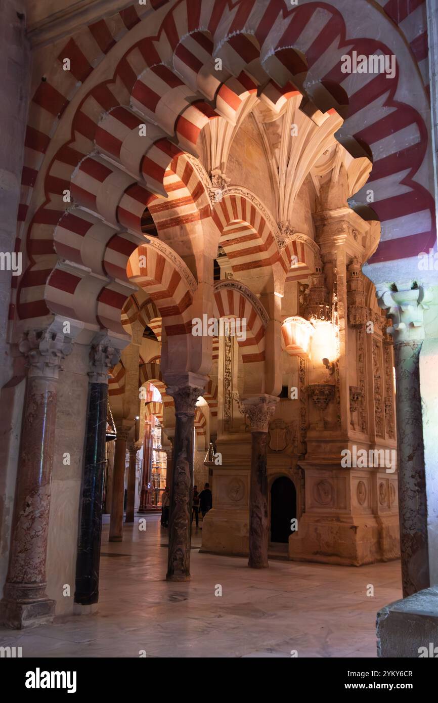 Inside the Mosque–Cathedral of Córdoba, Spain.  Featuring the Moorish style of arched columns Stock Photo