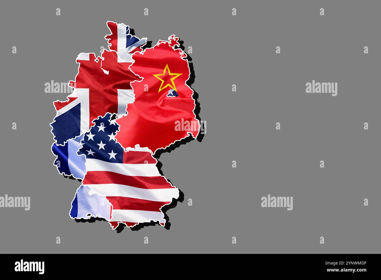 Outline map of Germany, filled in with the national flags of the occupation zones after the Second World War Stock Photo