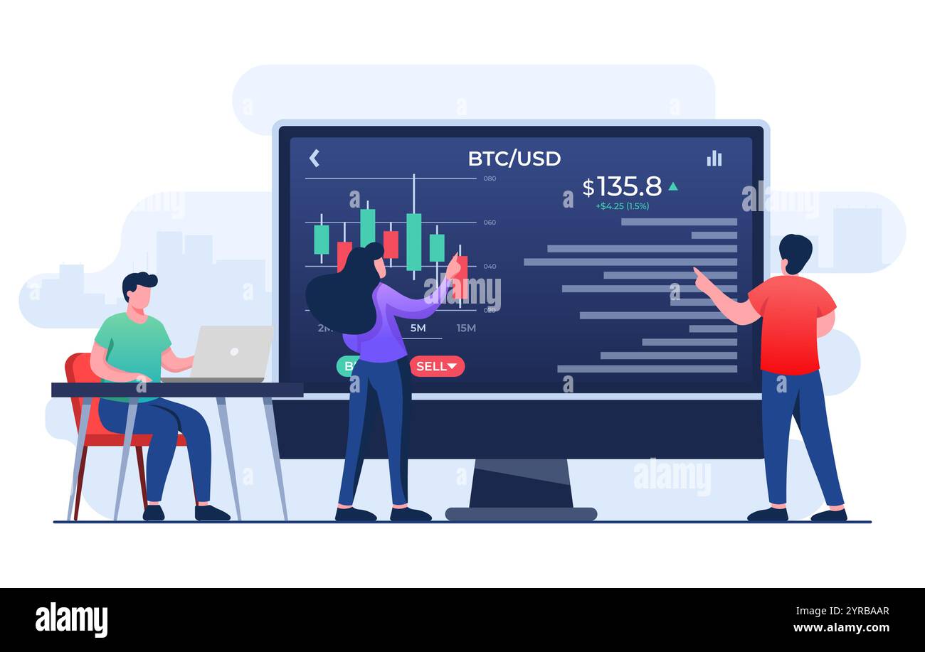 People analyzing candlestick charts and Stock market statistics, Stock trading, Economic growth, Business investment, Stock market trends, Technical a Stock Vector