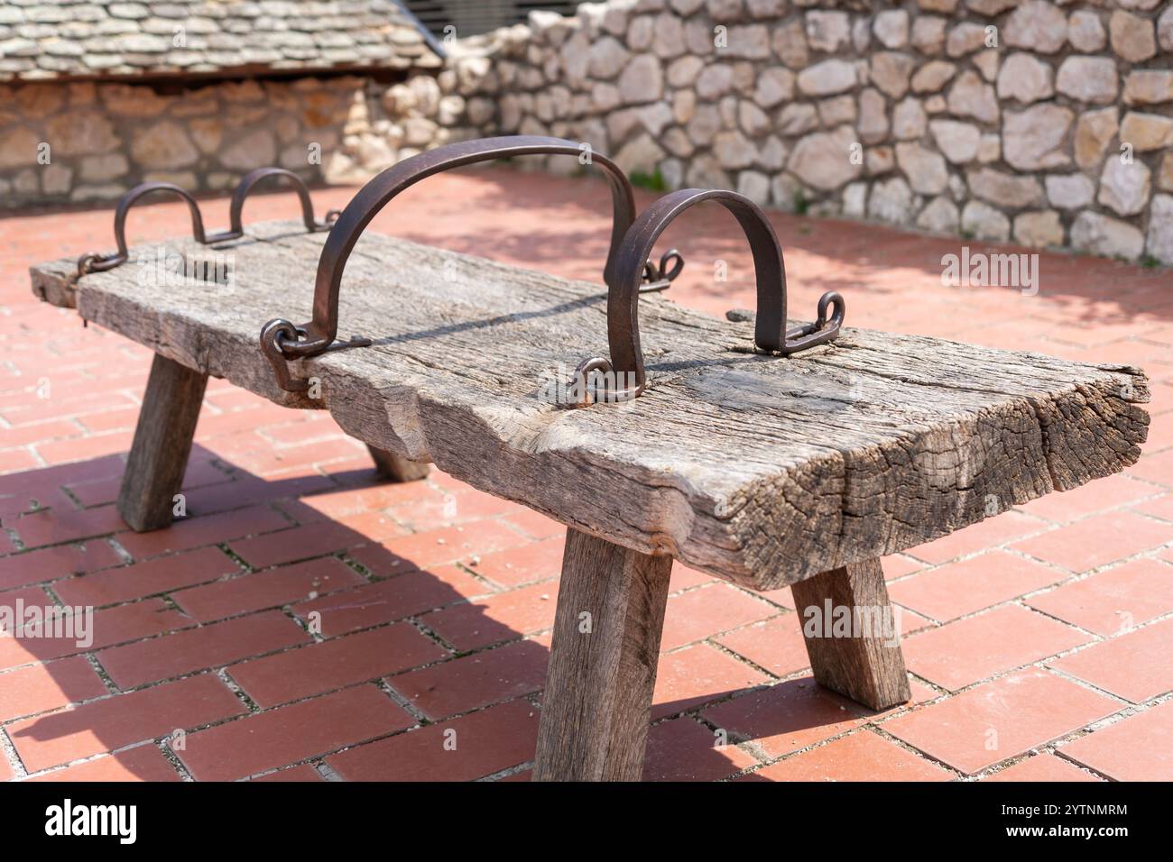 Medieval wooden punishment pillory Stock Photo