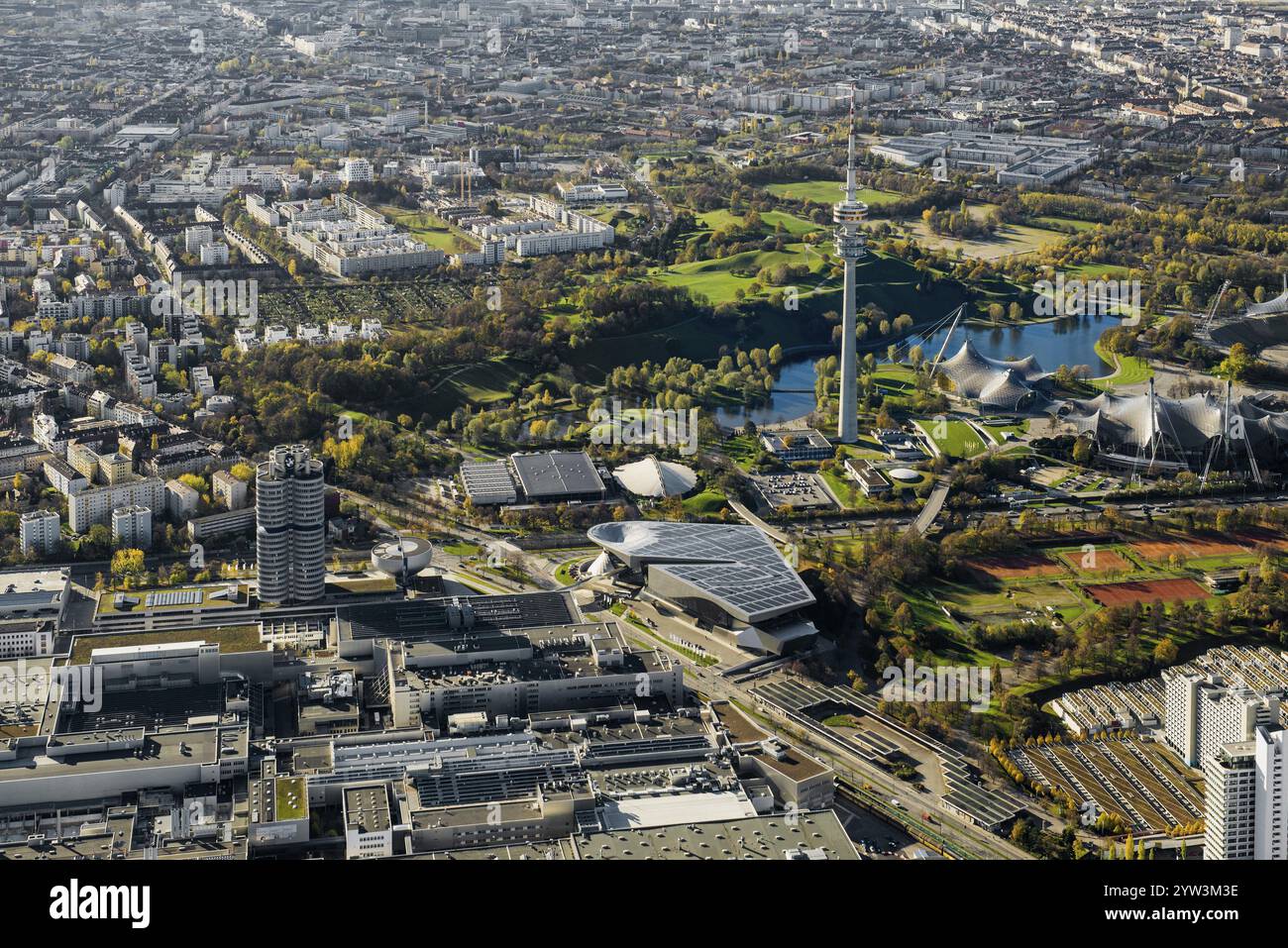 Olympic site, aerial view, bird's eye view, Munich, Bavaria, Germany, Europe Stock Photo