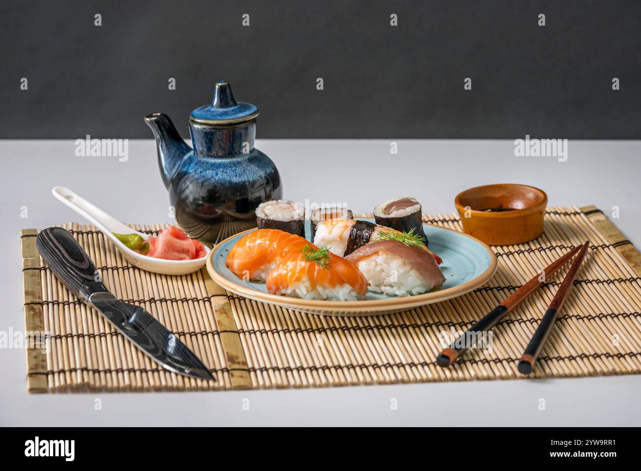 Outside Japan, the term sushi refers only to the most common varieties, such as makizushi or nigirizushi; curiously, it is often extended to sashimi, Stock Photo