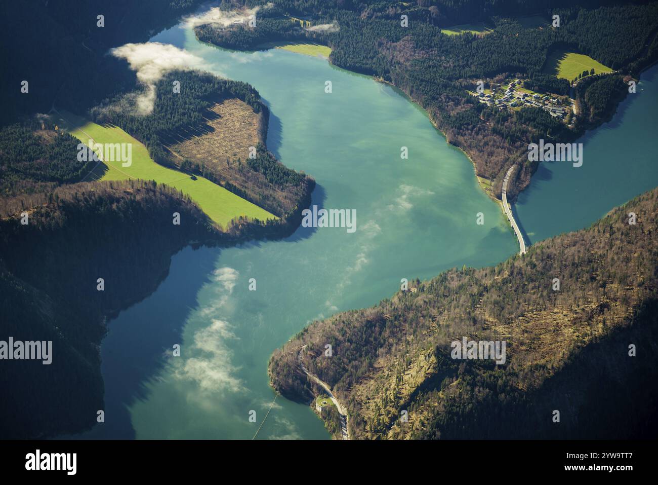 Aerial view, bird's eye view, Sylvenstein Lake, Upper Bavaria, Bavaria, Germany, Europe Stock Photo