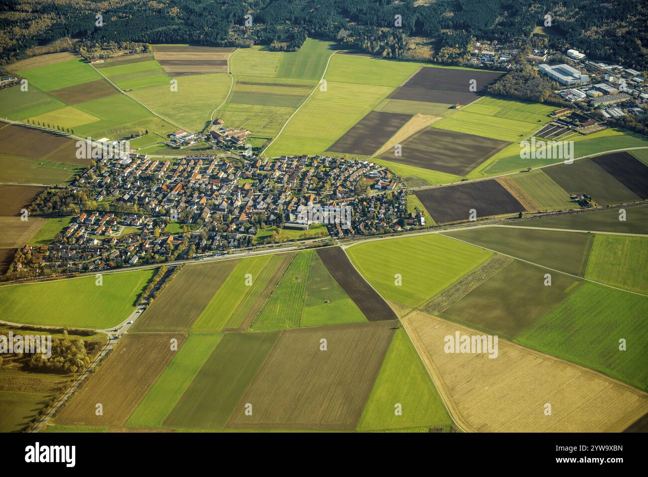 Aerial view, bird's eye view, village and fields, Upper Bavaria, Bavaria, Germany, Europe Stock Photo