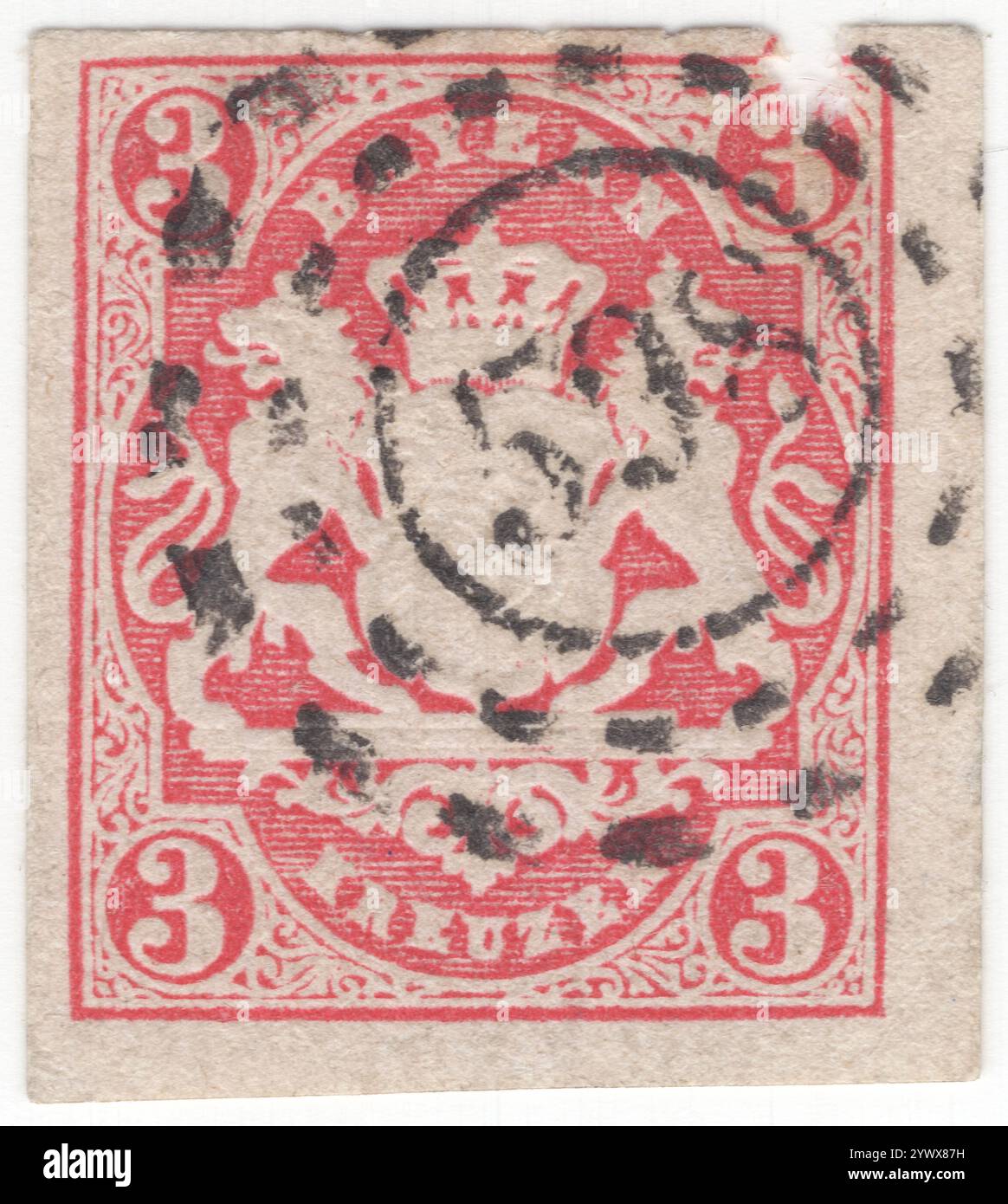 BAVARIA — 1867 January 1: 3kreuzer rose postage stamp depicting Embossed Bayern Coat of Arms with red silk thread and ornament. Bavaria was a Kingdom in the south of Germany with the capital in Munich, member of the German Confederation and became part of the German Empire in 1870. After World War I, it declared itself a republic. It lost its postal autonomy on Mar. 31, 1920 Stock Photo