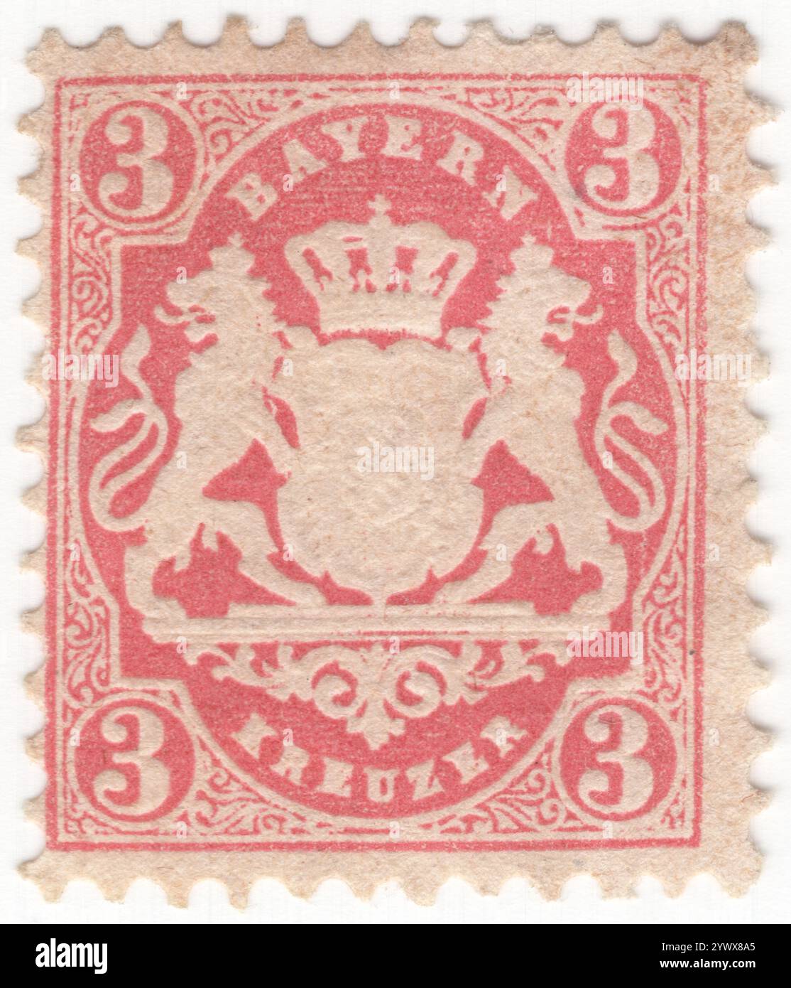 BAVARIA — 1870 July 1: 3 kreuzer rose postage stamp depicting Embossed Bayern Coat of Arms with red silk thread and ornament. Bavaria was a Kingdom in the south of Germany with the capital in Munich, member of the German Confederation and became part of the German Empire in 1870. After World War I, it declared itself a republic. It lost its postal autonomy on Mar. 31, 1920 Stock Photo