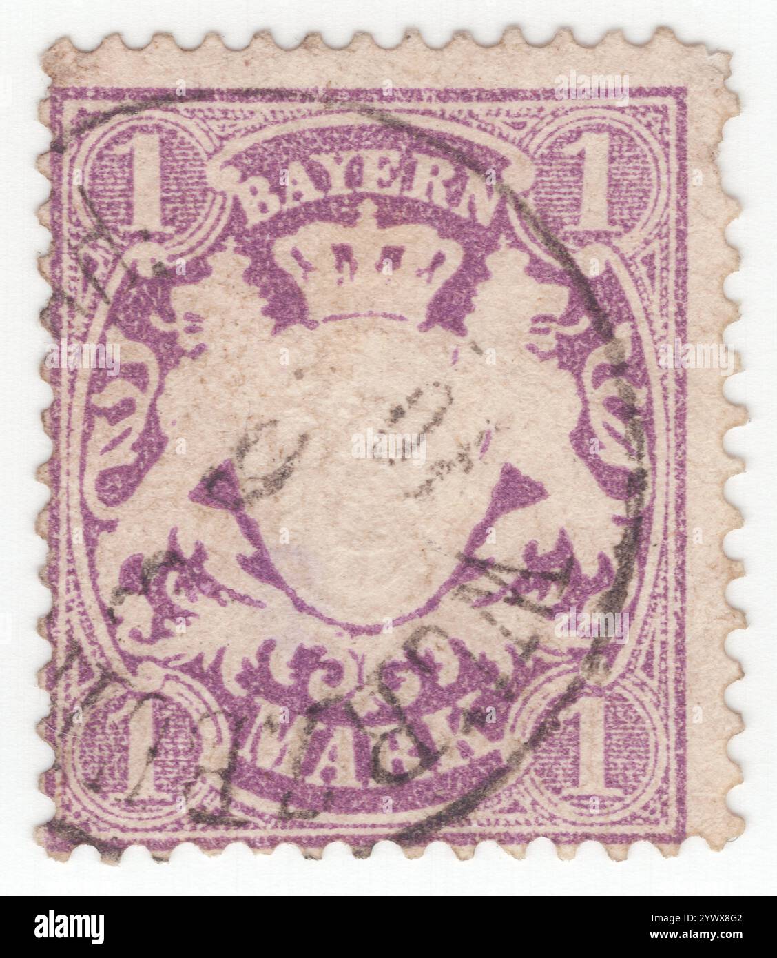 BAVARIA — 1875 June: 1 mark violet postage stamp depicting Embossed Bayern Coat of Arms. Bavaria was a Kingdom in the south of Germany with the capital in Munich, member of the German Confederation and became part of the German Empire in 1870. After World War I, it declared itself a republic. It lost its postal autonomy on Mar. 31, 1920 Stock Photo