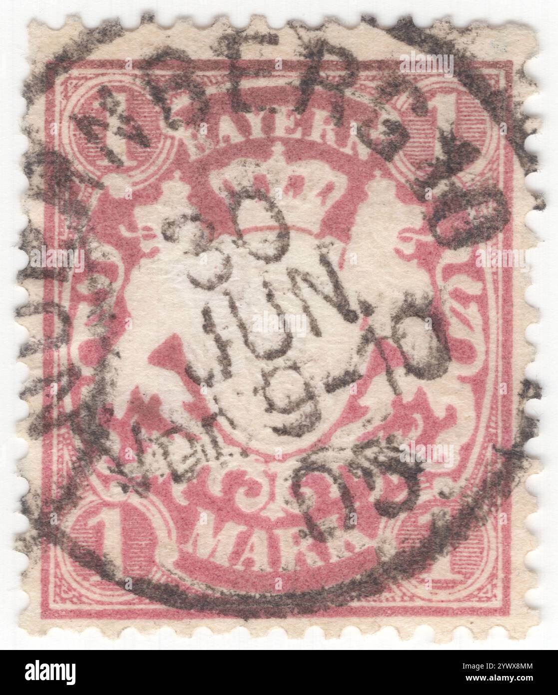 BAVARIA — 1900: 1 mark rose-lilac postage stamp depicting Embossed Bayern Coat of Arms. Bavaria was a Kingdom in the south of Germany with the capital in Munich, member of the German Confederation and became part of the German Empire in 1870. After World War I, it declared itself a republic. It lost its postal autonomy on Mar. 31, 1920 Stock Photo