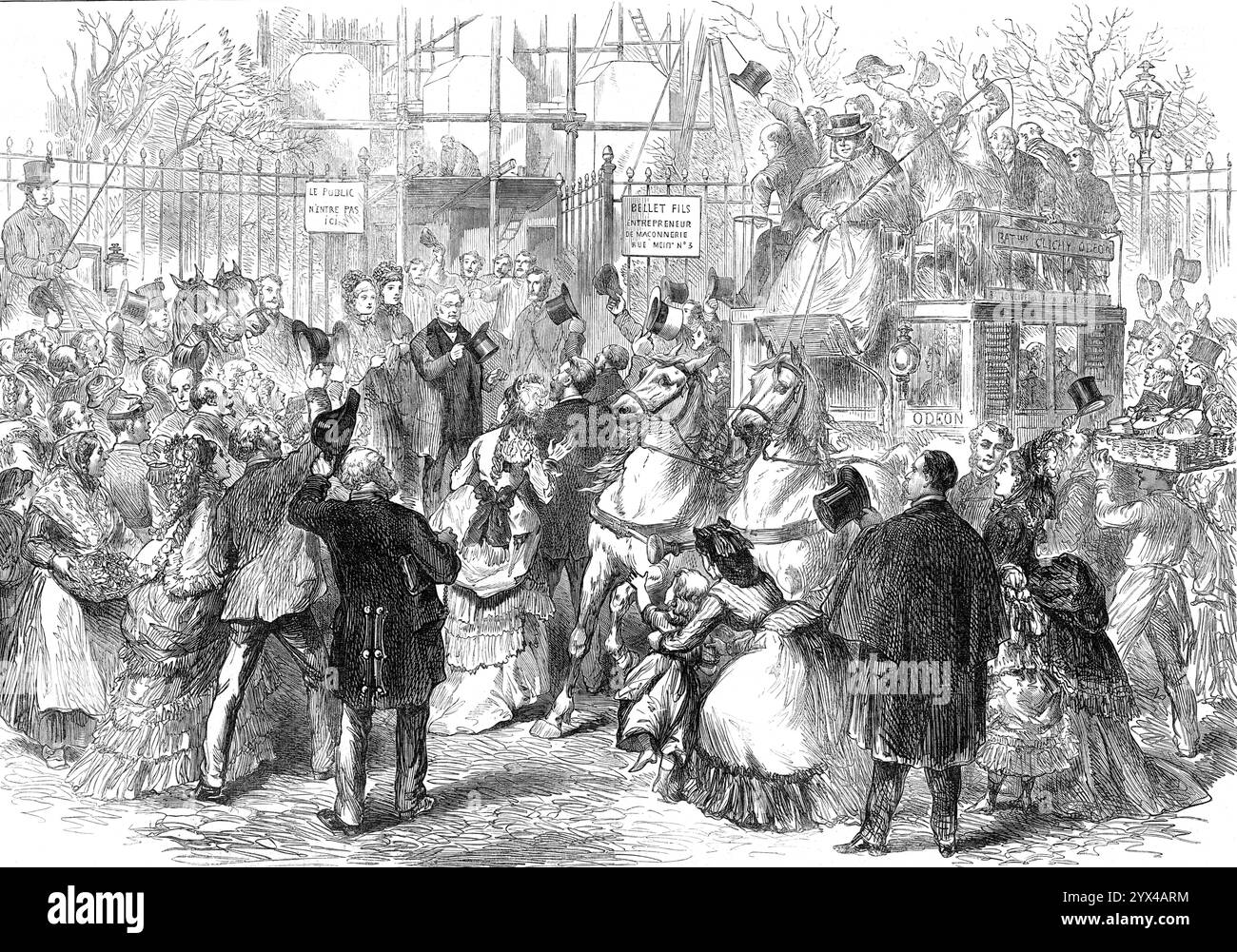 Visit of M. Thiers to his house in the Place St. Georges, 1872. 'It will be remembered that one of the frantic acts of futile spite and vengeance perpetrated, a year and a half ago, by the furious fanatics of the Paris Commune, was to destroy the private mansion of M. Thiers, in the Place St. Georges, about the same time that they pulled down the Napoleon Column in the Place Vend&#xf4;me. The French National Assembly at Versailles, upon the recovery of Paris from that carnival of democratic insanity, resolved that the veteran statesman's house should be rebuilt at the public cost; and the work Stock Photo