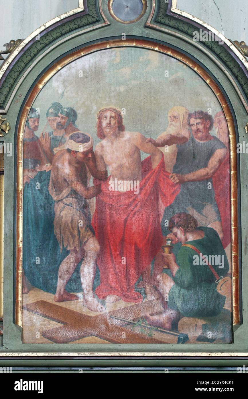 10th Stations of the Cross, Jesus is stripped of His garments, parish church Saint Mark the Evangelist in Trnjani, Croatia Stock Photo