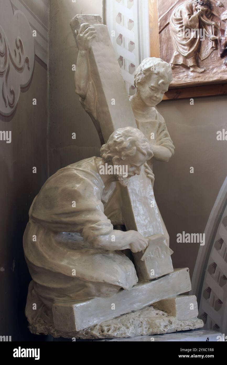 Saint Joseph the Worker and child Jesus, statue in the church Our Lady of Prompt Succor (Quick Aid) in Slavonski Brod, Croatia Stock Photo