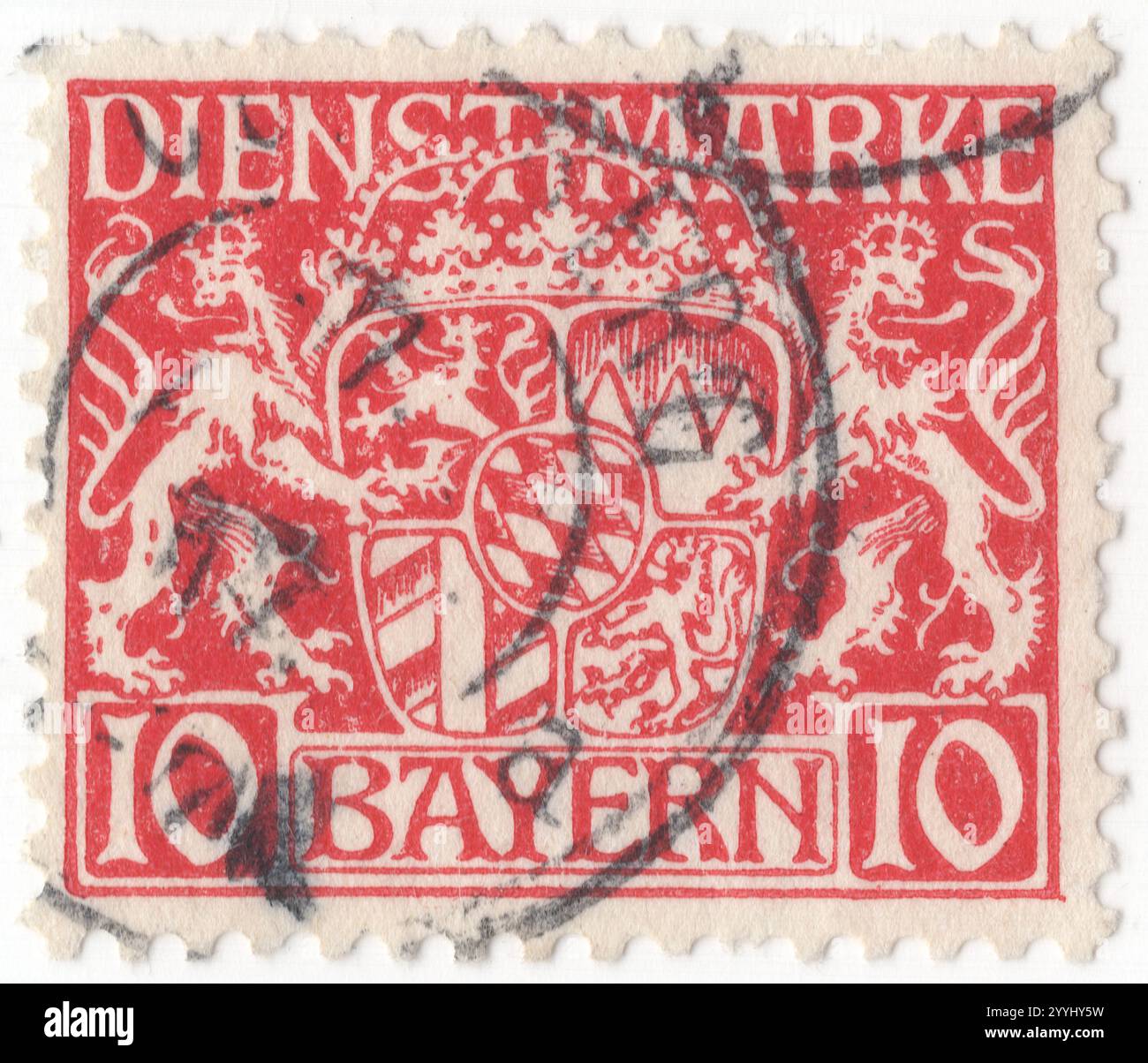 BAVARIA — 1916 August 01: 10 pfennig deep rose Official stamp depicting Bayern State Coat of Arms and ornament. Bavaria was a Kingdom in the south of Germany with the capital in Munich, member of the German Confederation and became part of the German Empire in 1870. After World War I, it declared itself a republic. It lost its postal autonomy on Mar. 31, 1920 Stock Photo