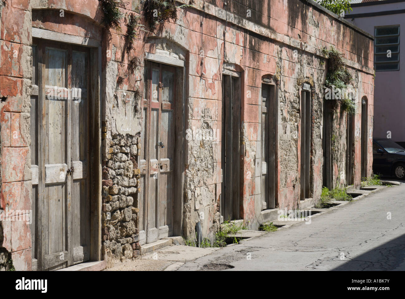 Barbados capital Bridgetown traditional architecture in the developing city 2006 old warehouses near the synagogue Stock Photo