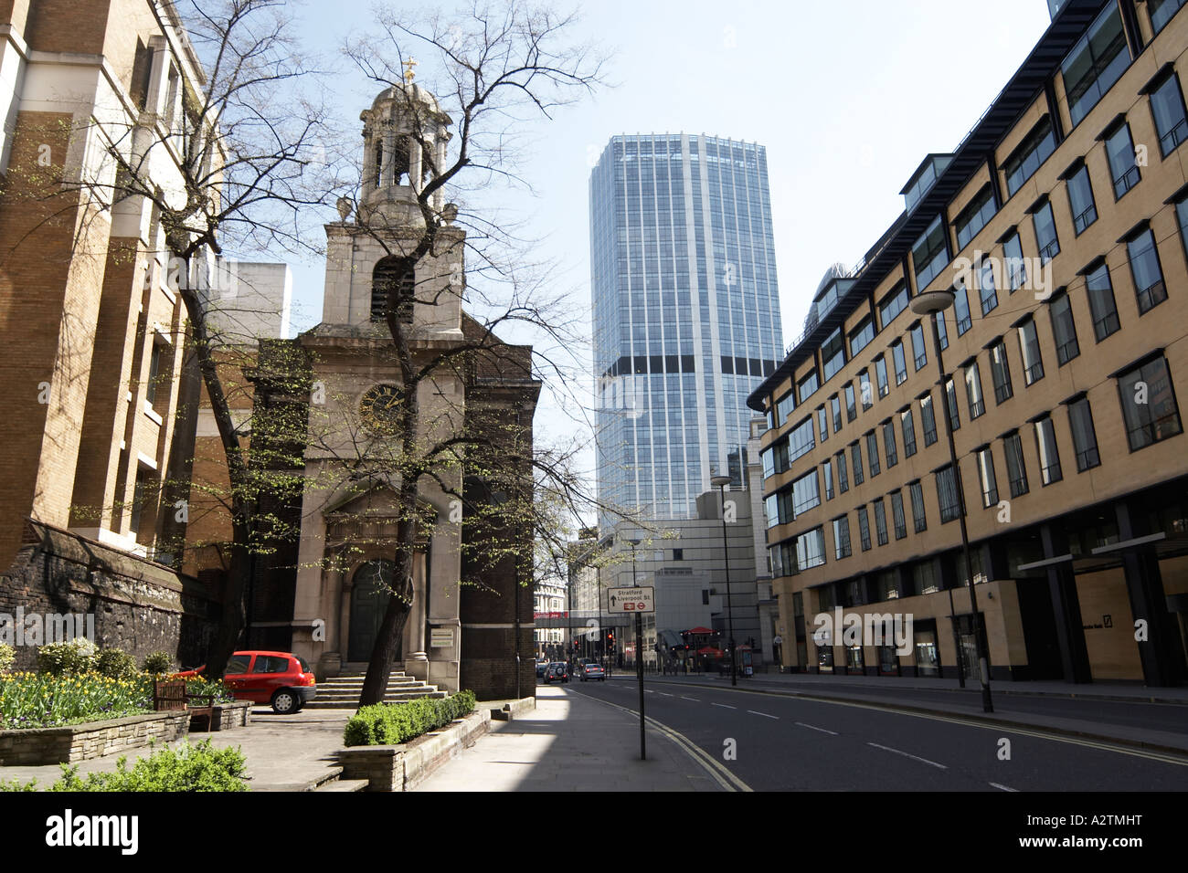 London Wall with All Hallows Church and 99 Bishopsgate City of London EC2 England UK Stock Photo