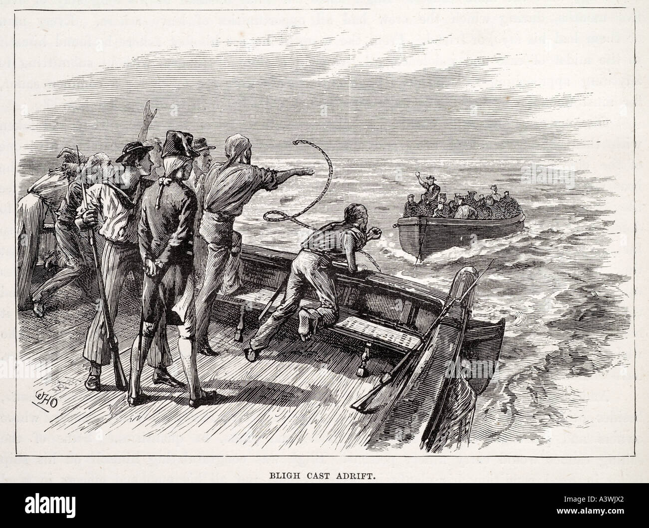 bounty bligh cast adrift Captain Fletcher Christian Collings crew 1789 marine maritime nautical law crime mutineers loyal desert Stock Photo