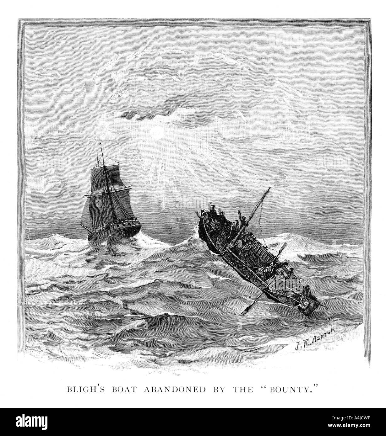 Captain Bligh's boat abandoned by the 'Bounty', 1789 (1886).Artist: JR Ashton Stock Photo