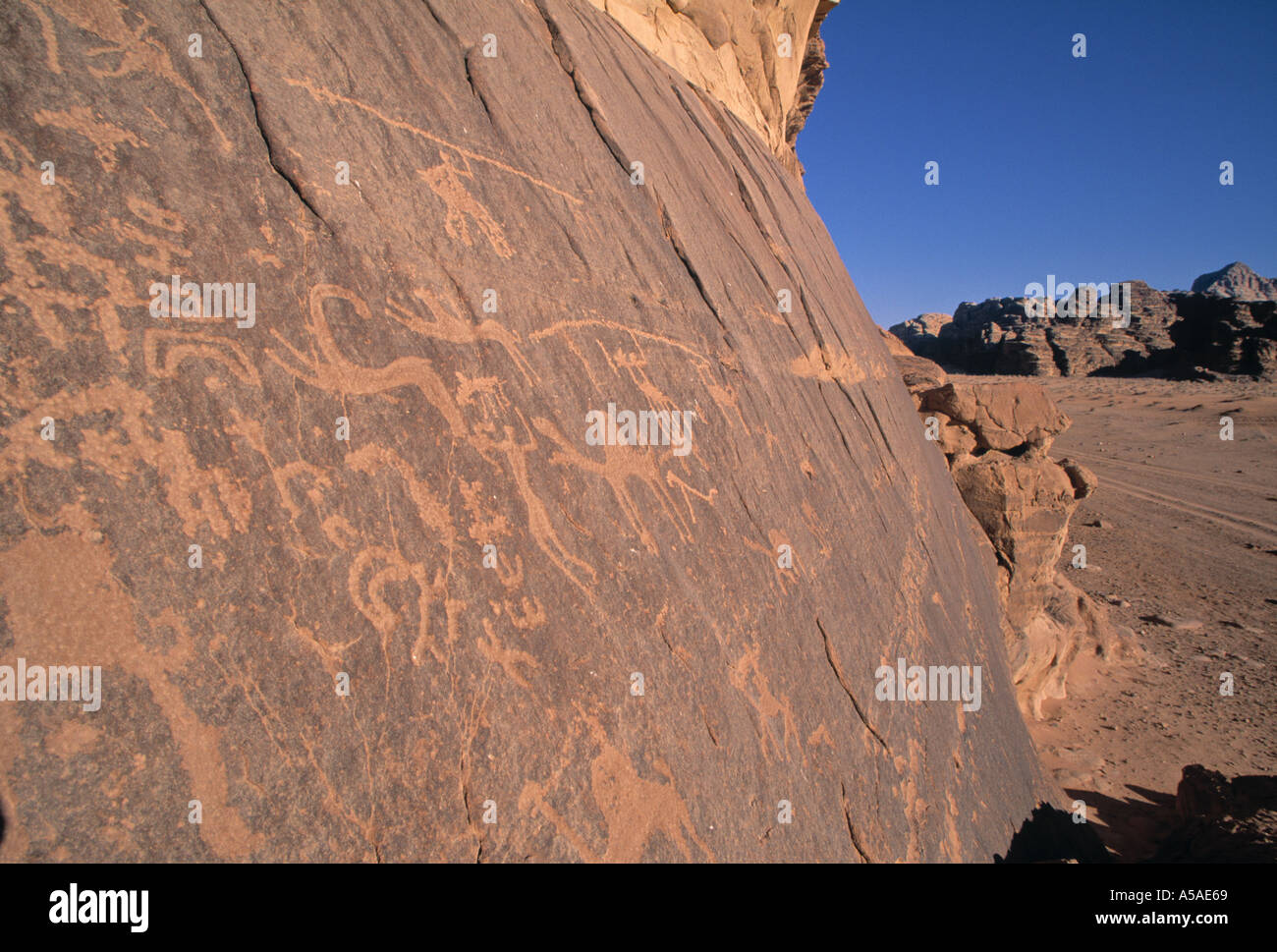 Thamudic inscriptions, Wadi Rum, Jordan Stock Photo