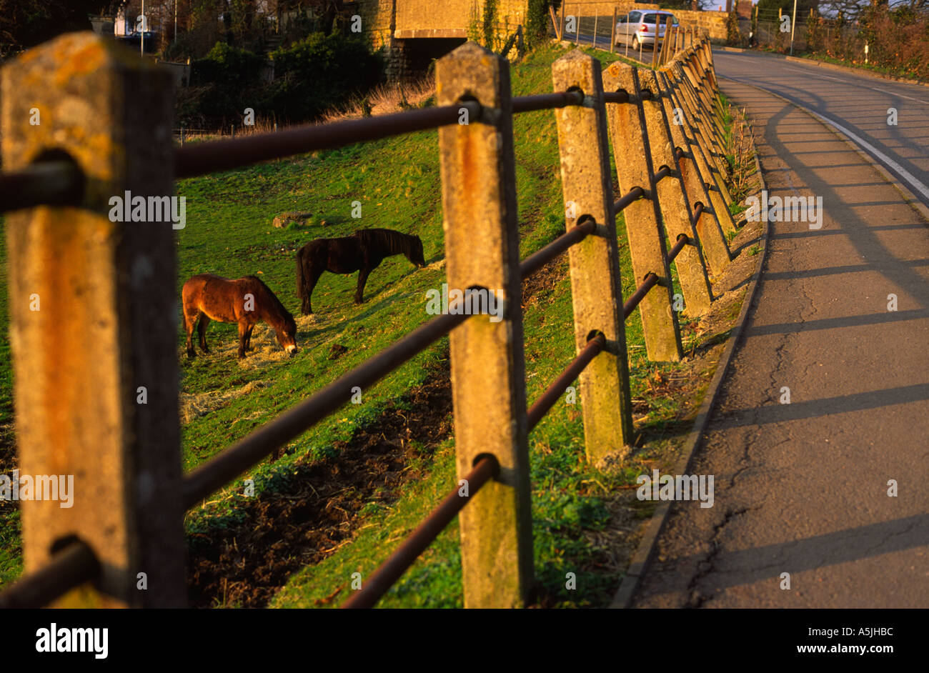 A modern car driving into Sherborne town next to an older form of transport Dorset county England UK Stock Photo