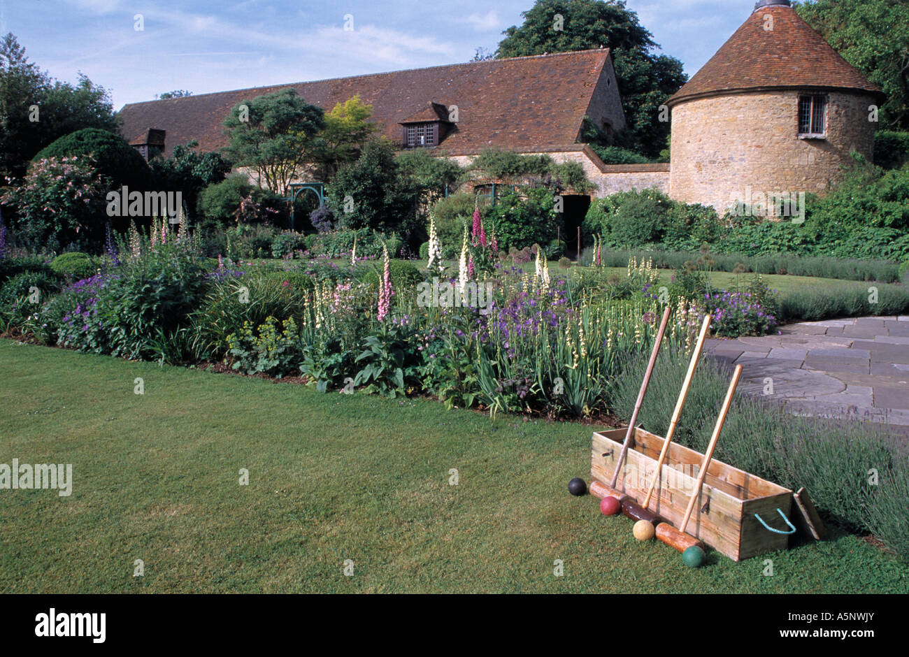 Croquet set on lawn outside Le Manoir restaurant in Oxfordshire in summer Stock Photo