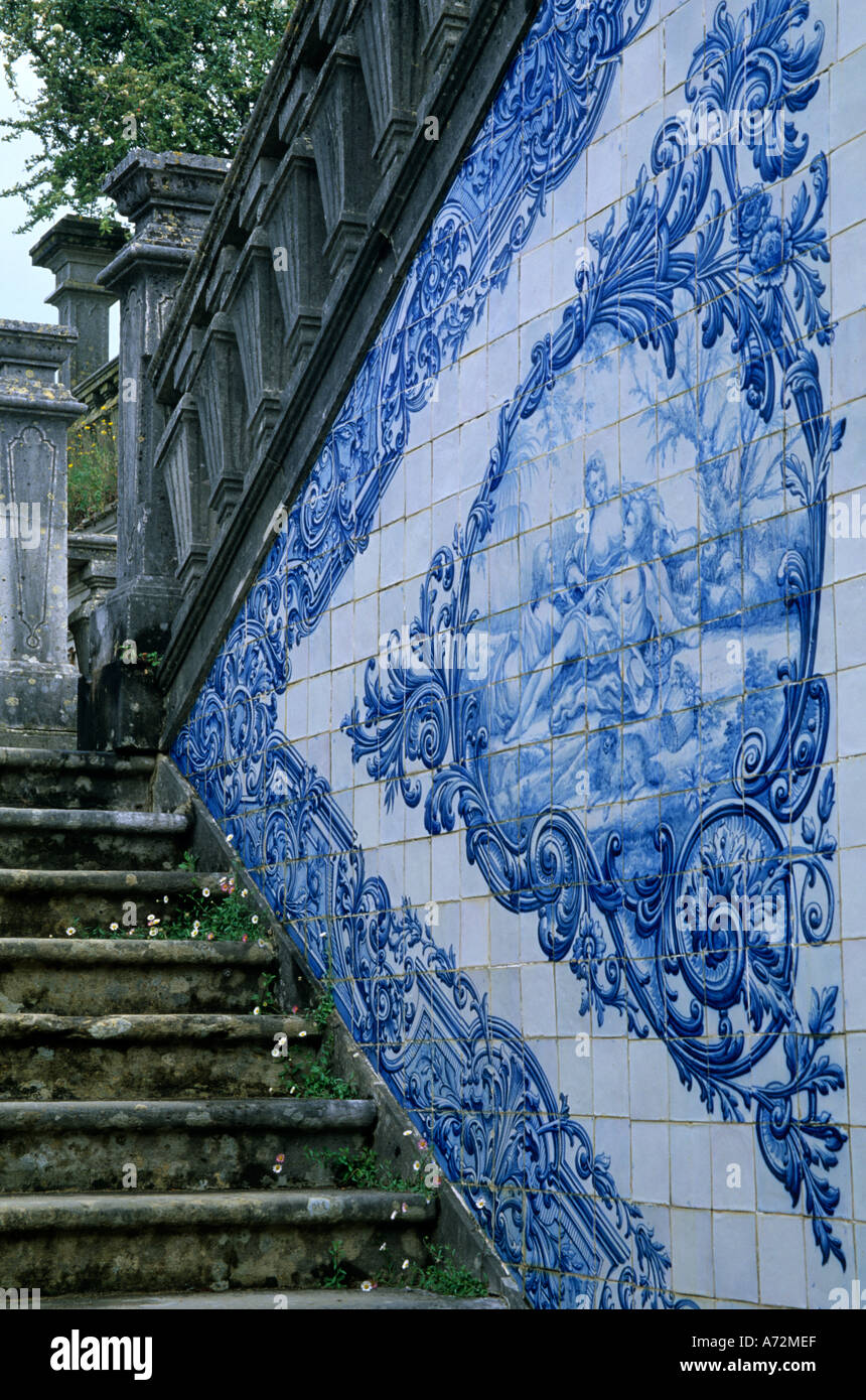 Portugal, Algarve, Cacela Velha. Palacio de Estoi, 19th c. Rococo Palace. Azulejo tiles and stone stairs Stock Photo